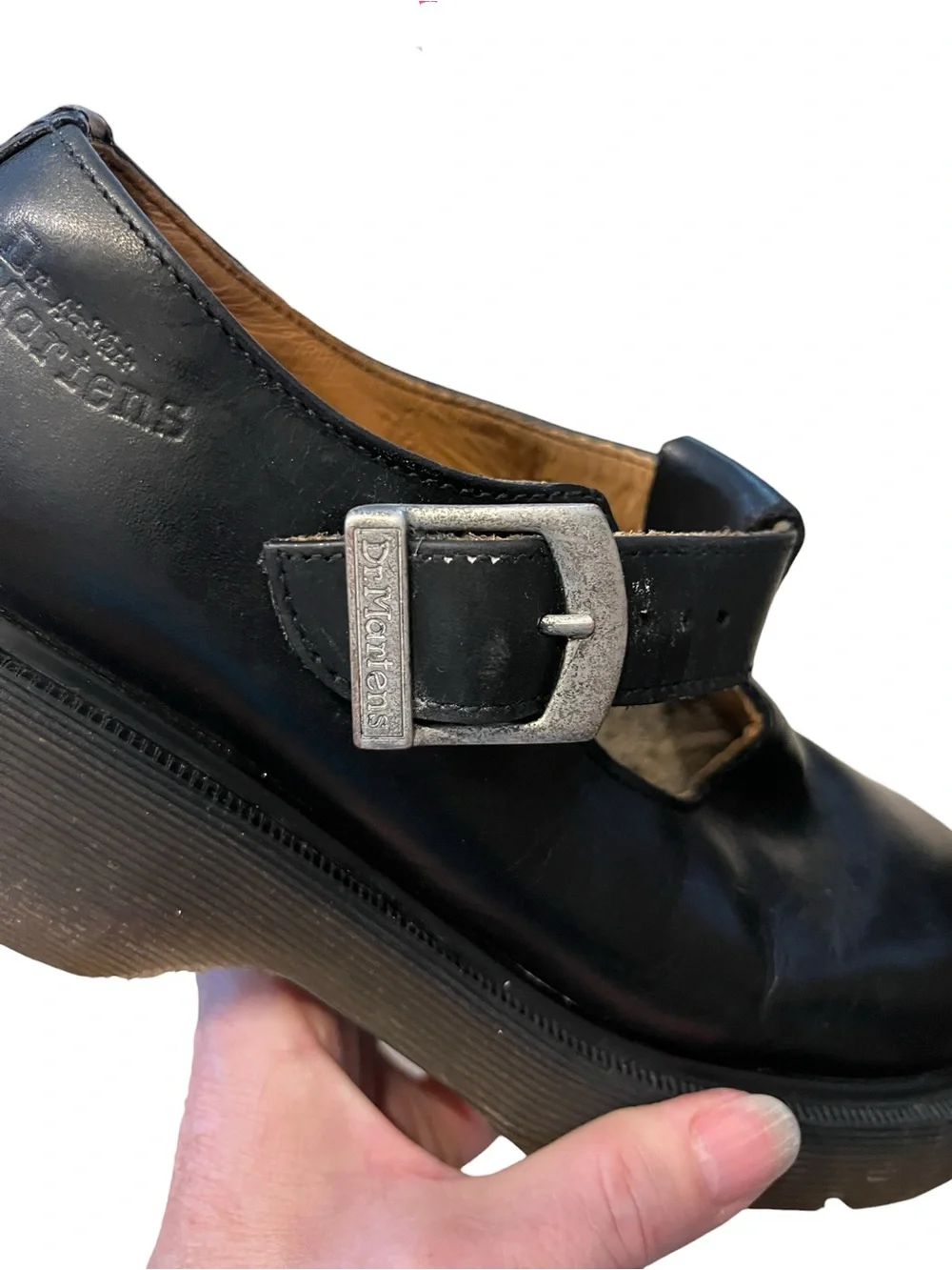 Vtg Dr. Martens MARY JANE England Black Leather Platform T-strap Buckle 8334